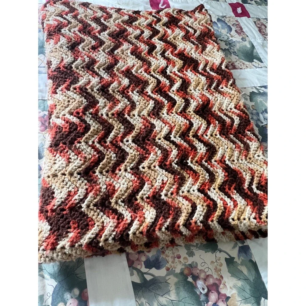 70s Style Chevron Stripe Hand Crocheted Afghan Blanket – Brown, Tan, Beige, Oran
